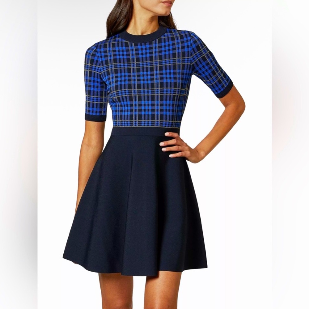 Ted Baker Nilar Knitted Check Pleated Mini Skater Dress Blue Women's 4 / US 10